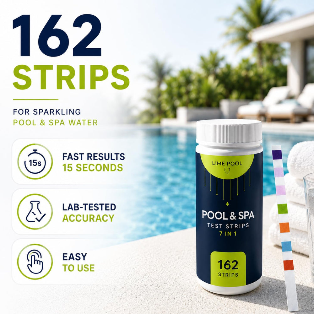 Close-up of LIME POOL test strip in water