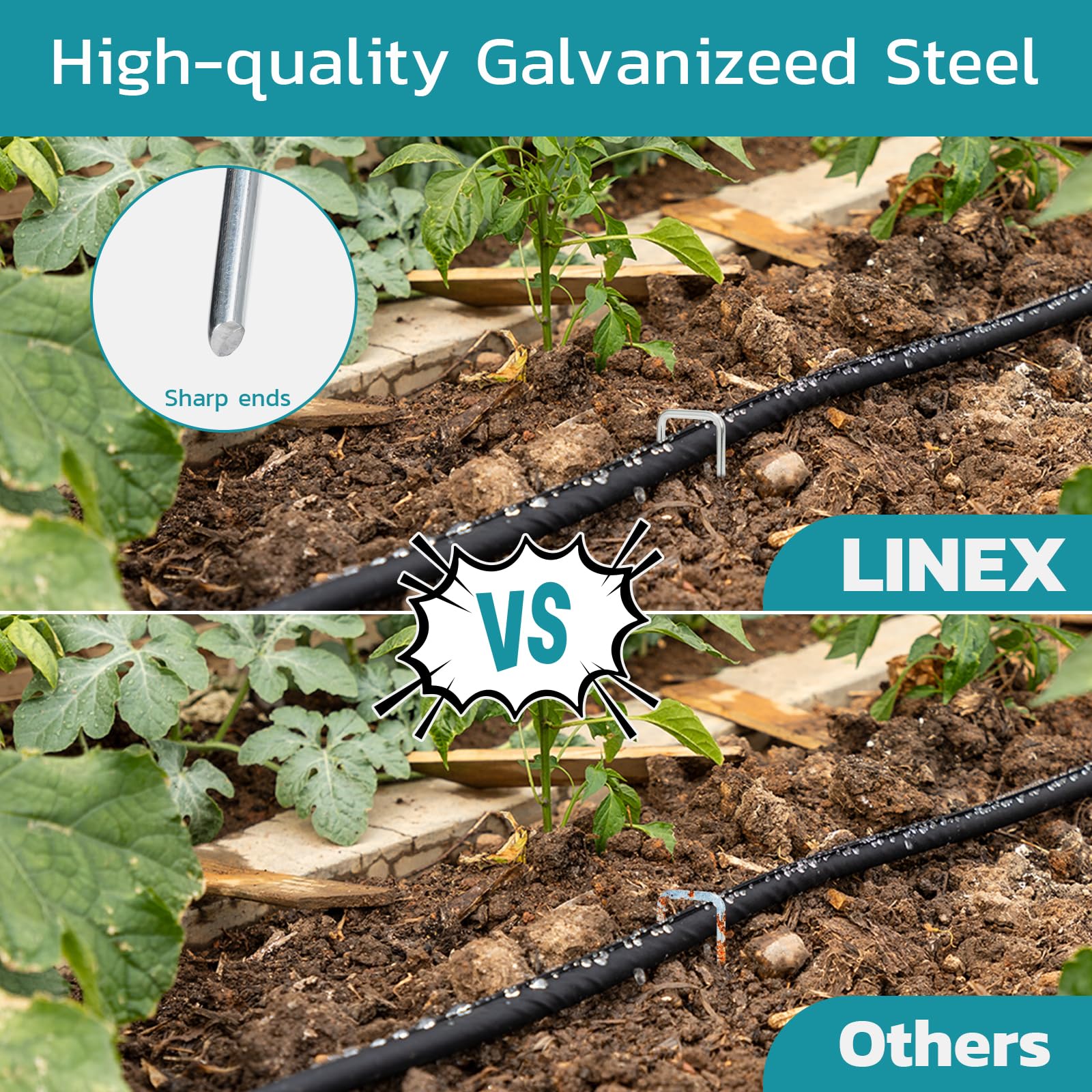 Close-up of LINEX galvanized garden stakes