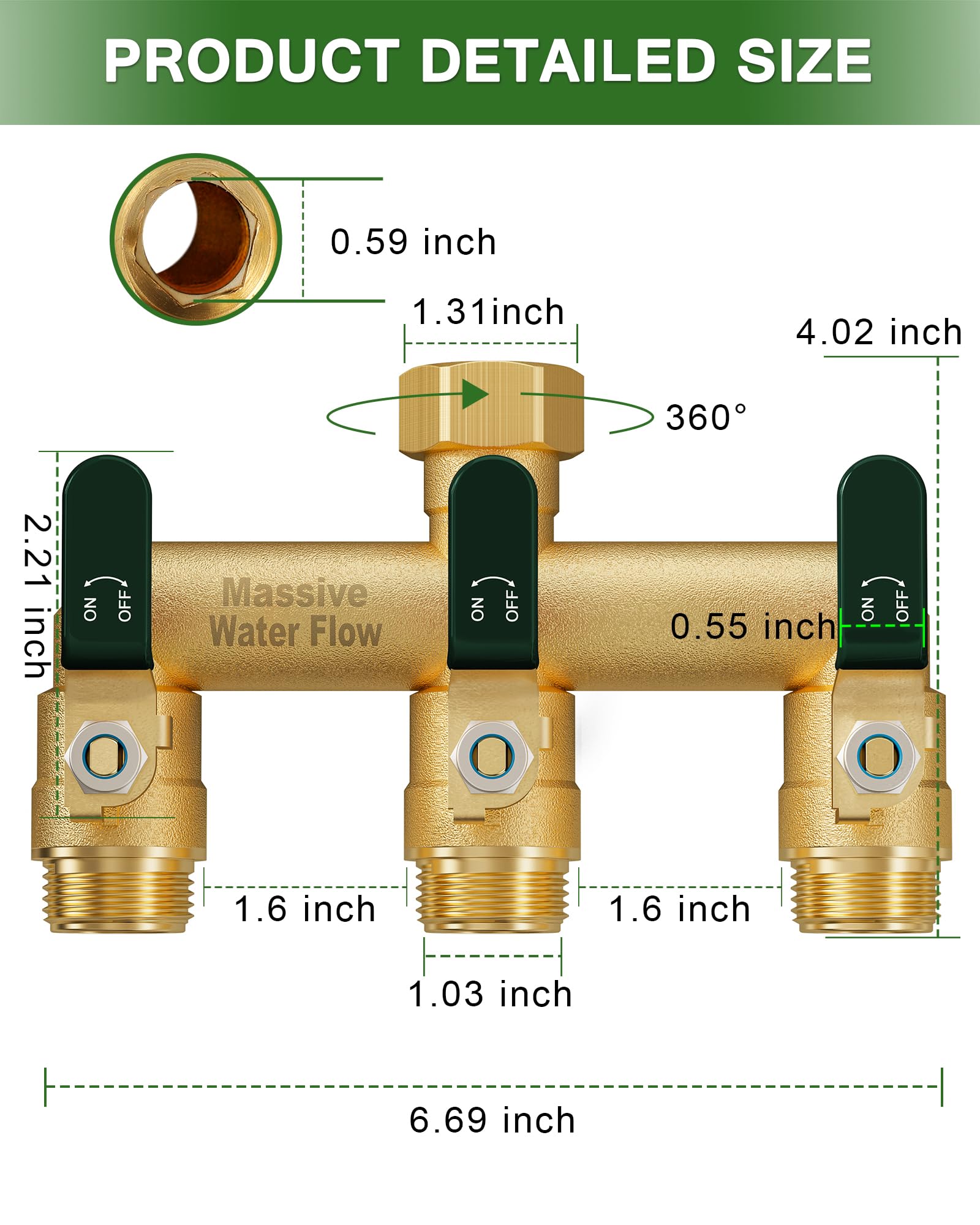 Close-up of LNEZCDB brass hose splitter features