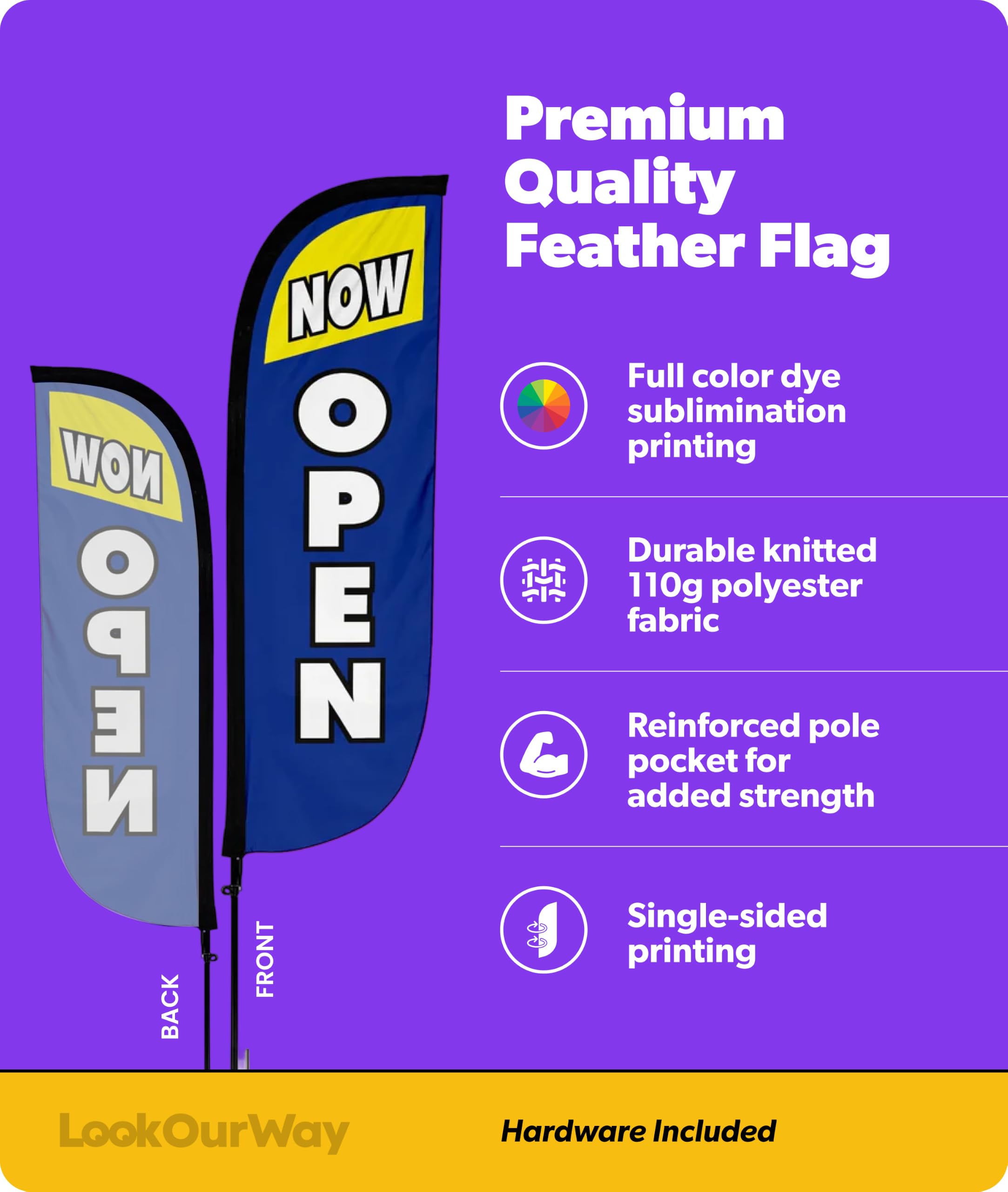 Close-up of LookOurWay feather flag in blue and yellow design