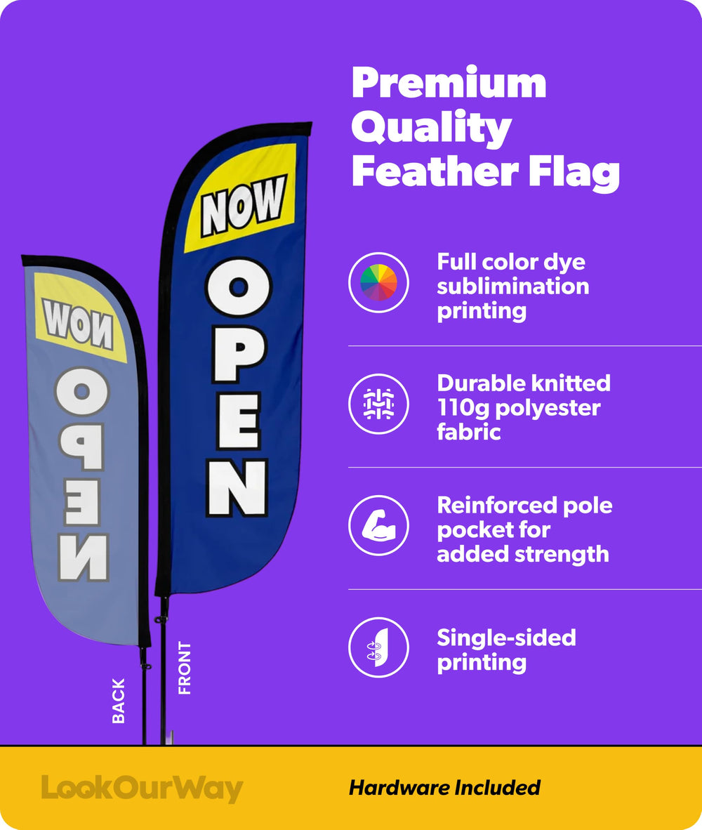 Close-up of LookOurWay feather flag in blue and yellow design