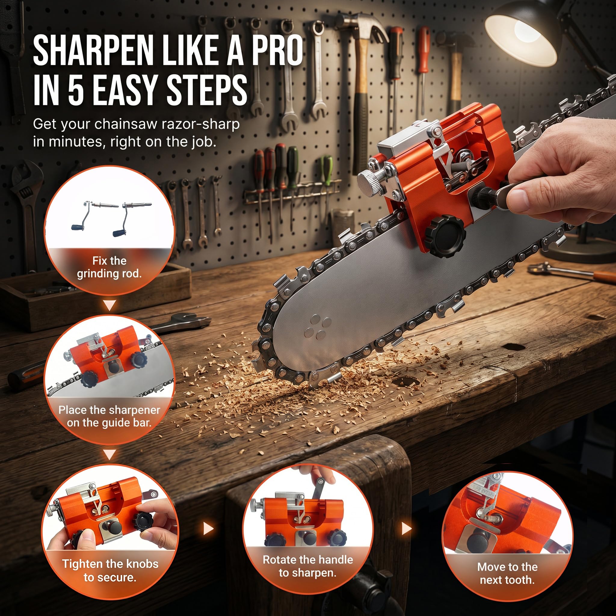 Close-up of LOQOMI Chainsaw Sharpener grinding stones