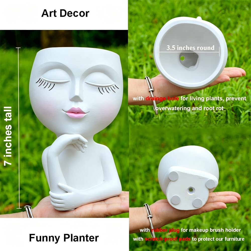 Close-up of LovTocTic Thinking Face Planter showing drainage hole