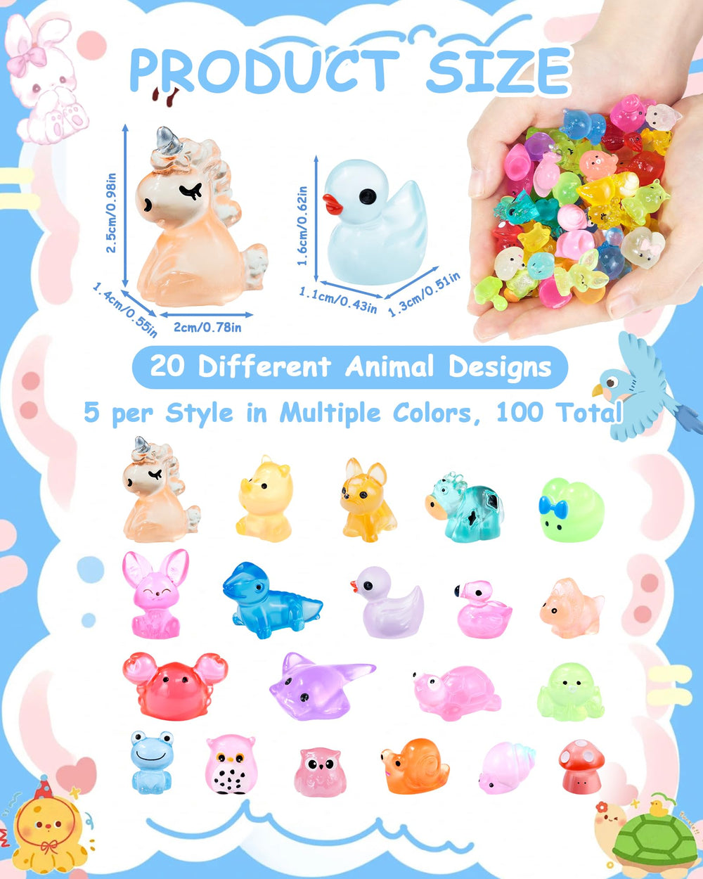 Close-up of luminous frogs and owls from the FIVEIZERO Mini Resin Animals