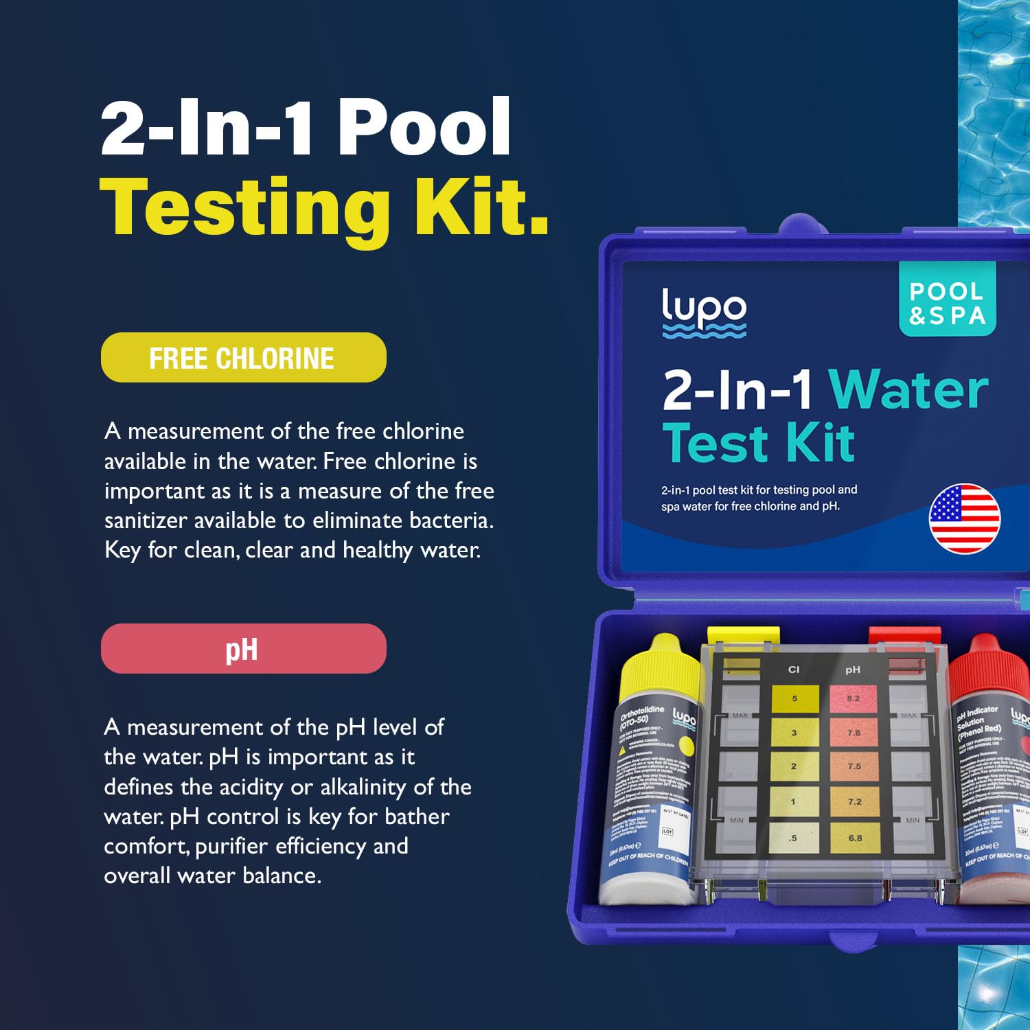Close-up of Lupo Pool Test Kit instructions and guidance for water testing