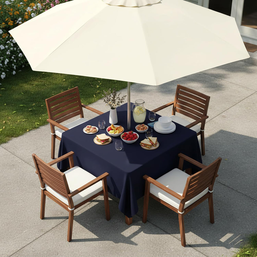 Close-up of LUSHVIDA navy tablecloth zipper and umbrella hole