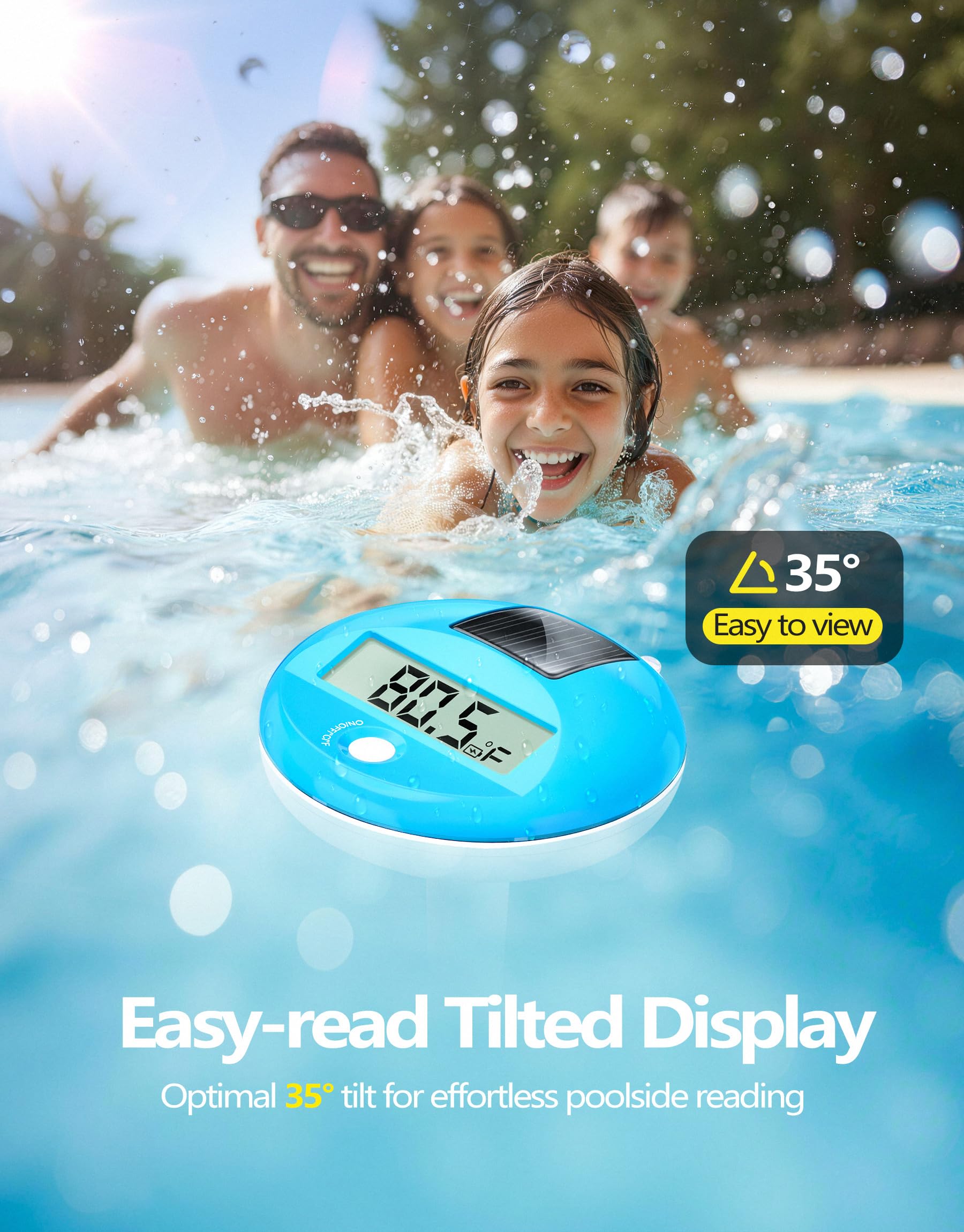 Close-up of LuxBlue Floating Solar Pool Thermometer LCD Display