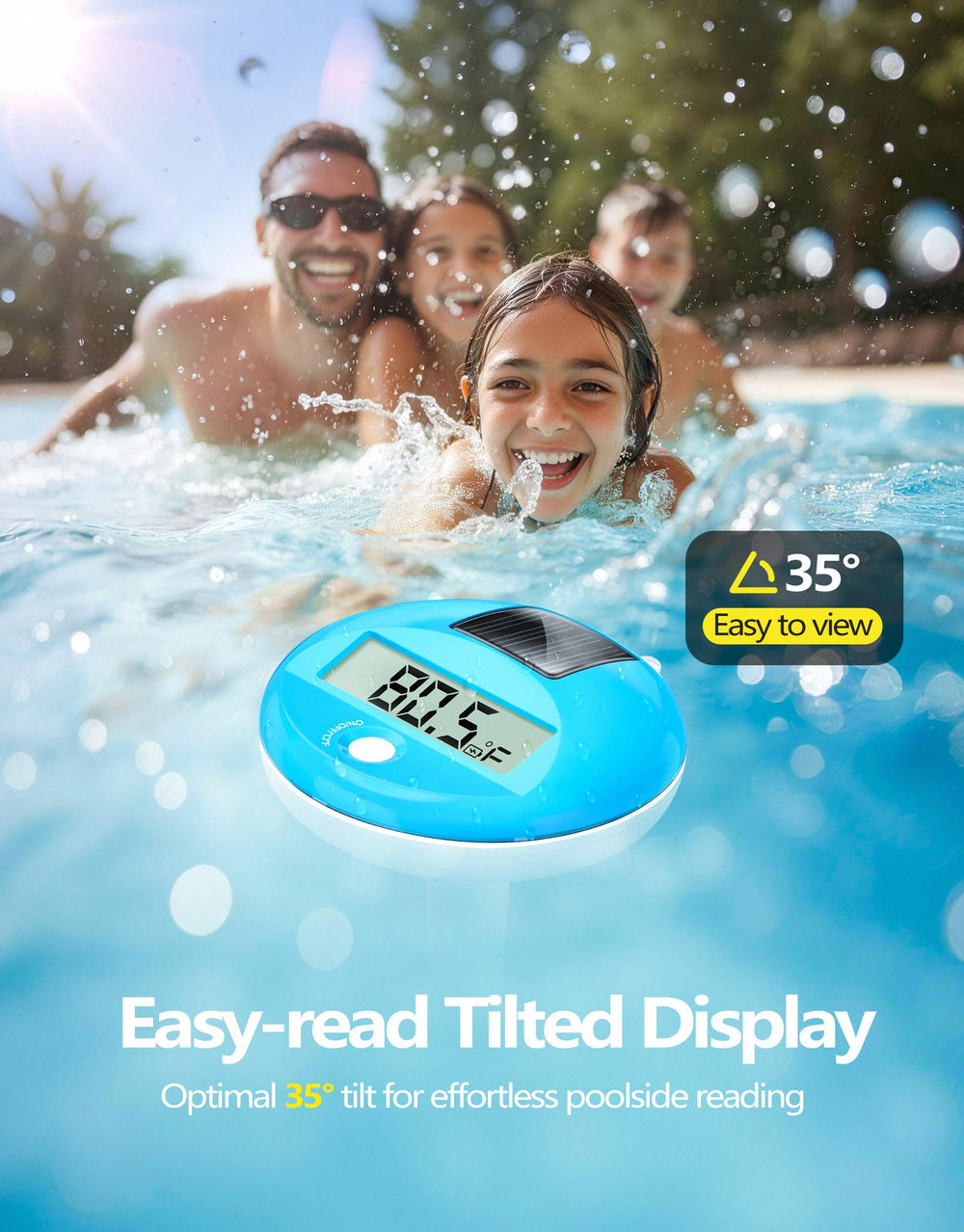 Close-up of LuxBlue Floating Solar Pool Thermometer LCD Display