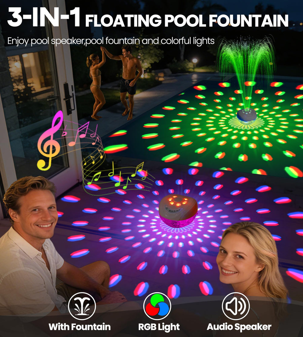 Close-up of Luxfero Floating Pool Fountain with lights on