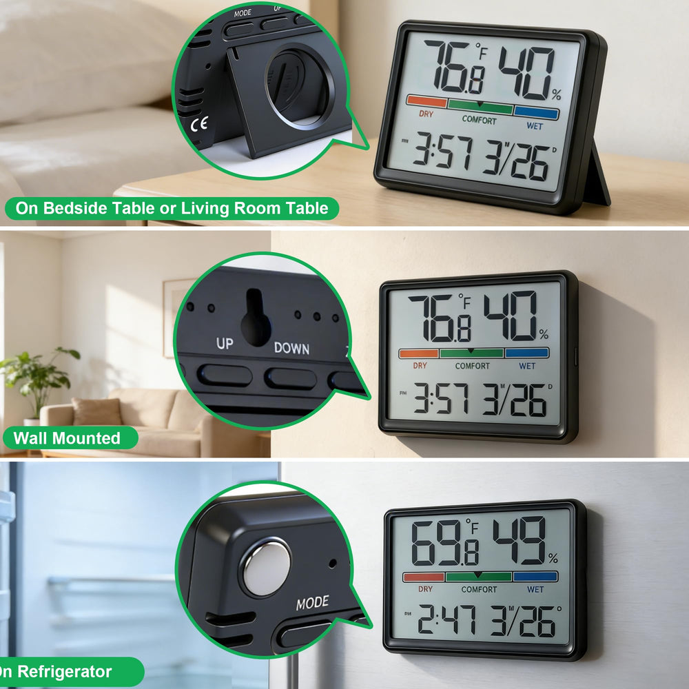 Close-up of Luzsco Digital Hygrometer showing temperature readings