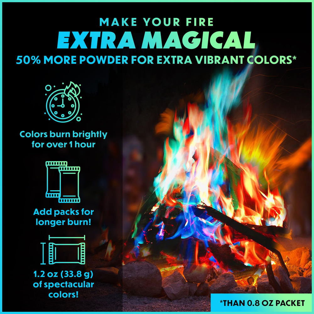 Close-up of Magical Flames Fire Color Packets showing packaging details