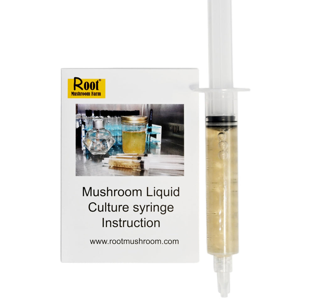 Close-up of Maitake liquid culture needle and bottle