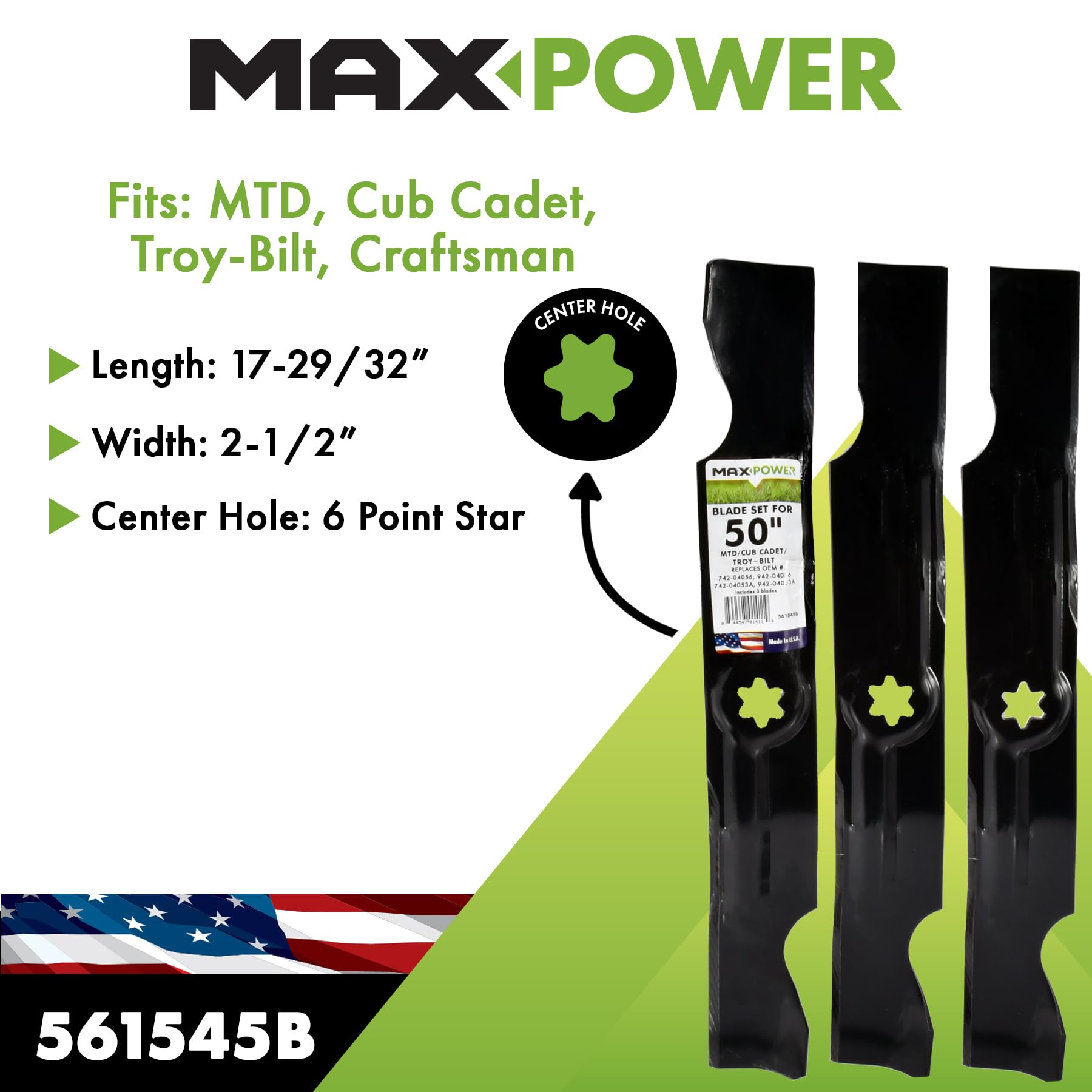 Close-up of Maxpower 561545B blade showing the 6-point star center hole