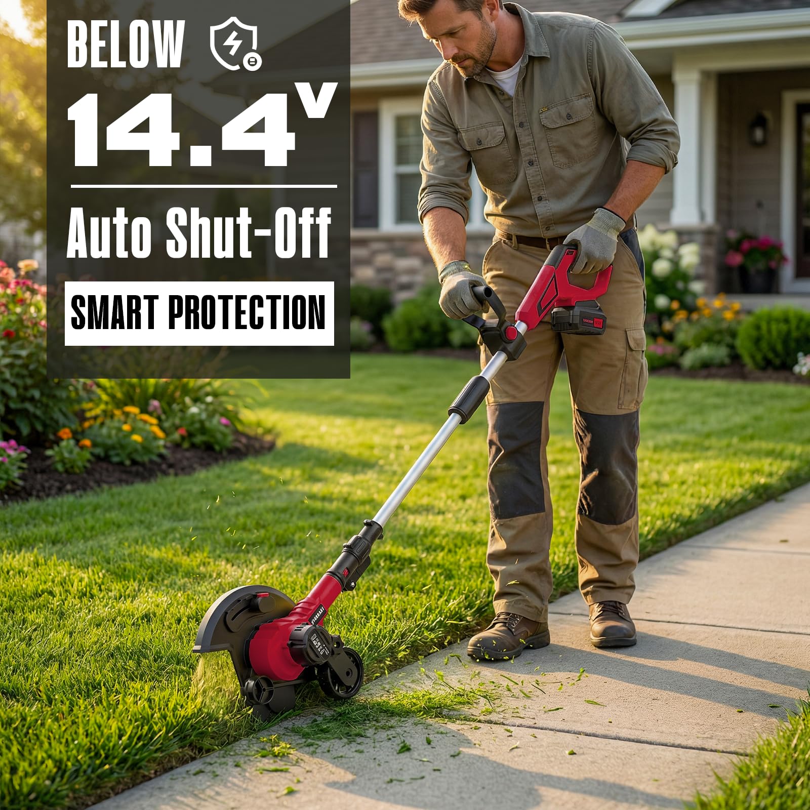 Close-up of Mayoki Lawn Edger blade and cutting depth adjustment