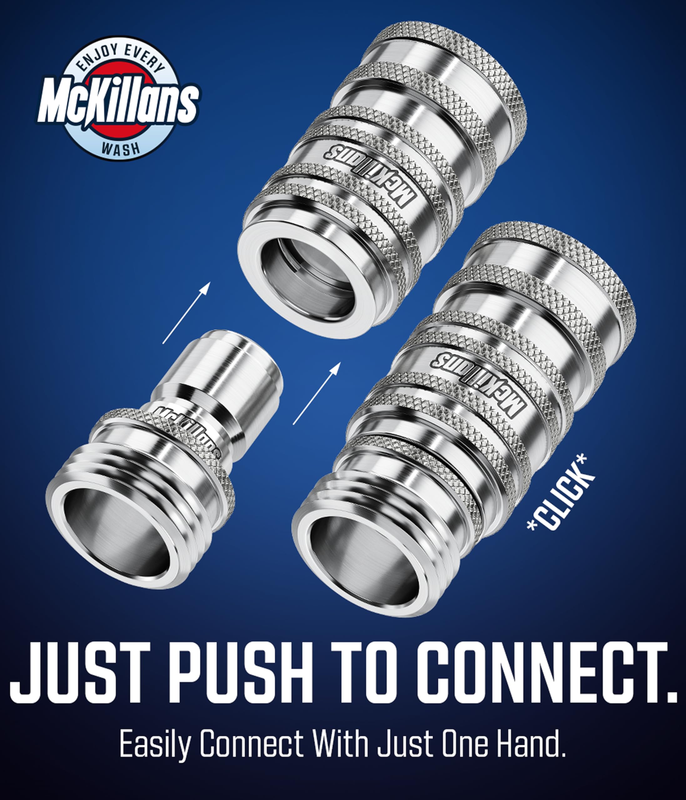 Close-up of McKillans stainless steel garden hose male plugs