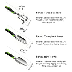 Close-up of MDSXO gardening tools showing non-slip ergonomic handles