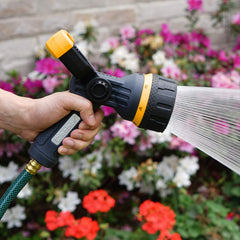 Close-up of Melnor hose nozzle showing metal core and rubber coating