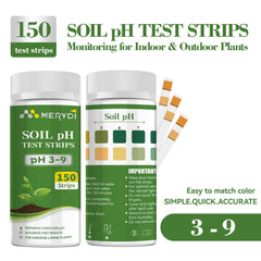 Close-up of Merydi Soil pH test strip with colour chart