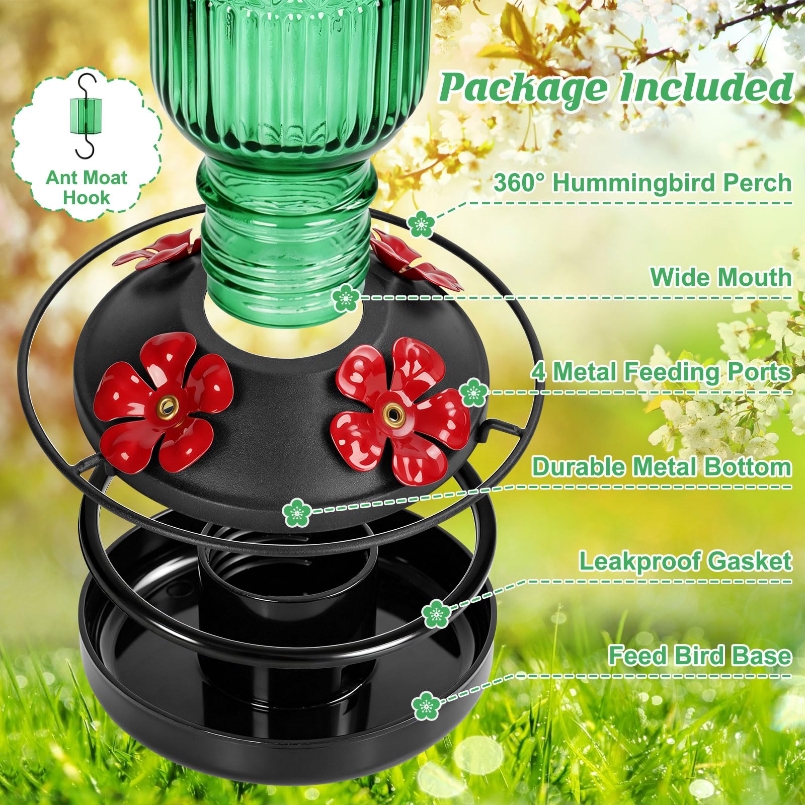Close-up of metal flower feeding ports on the hummingbird feeder