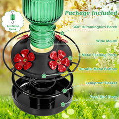 Close-up of metal flower feeding ports on the hummingbird feeder