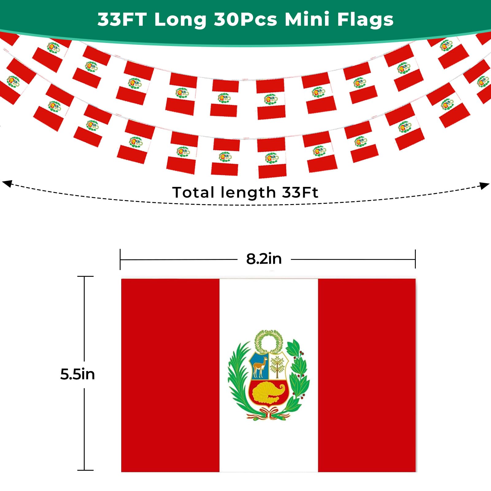 Close-up of mflagperft Peru mini flag on string