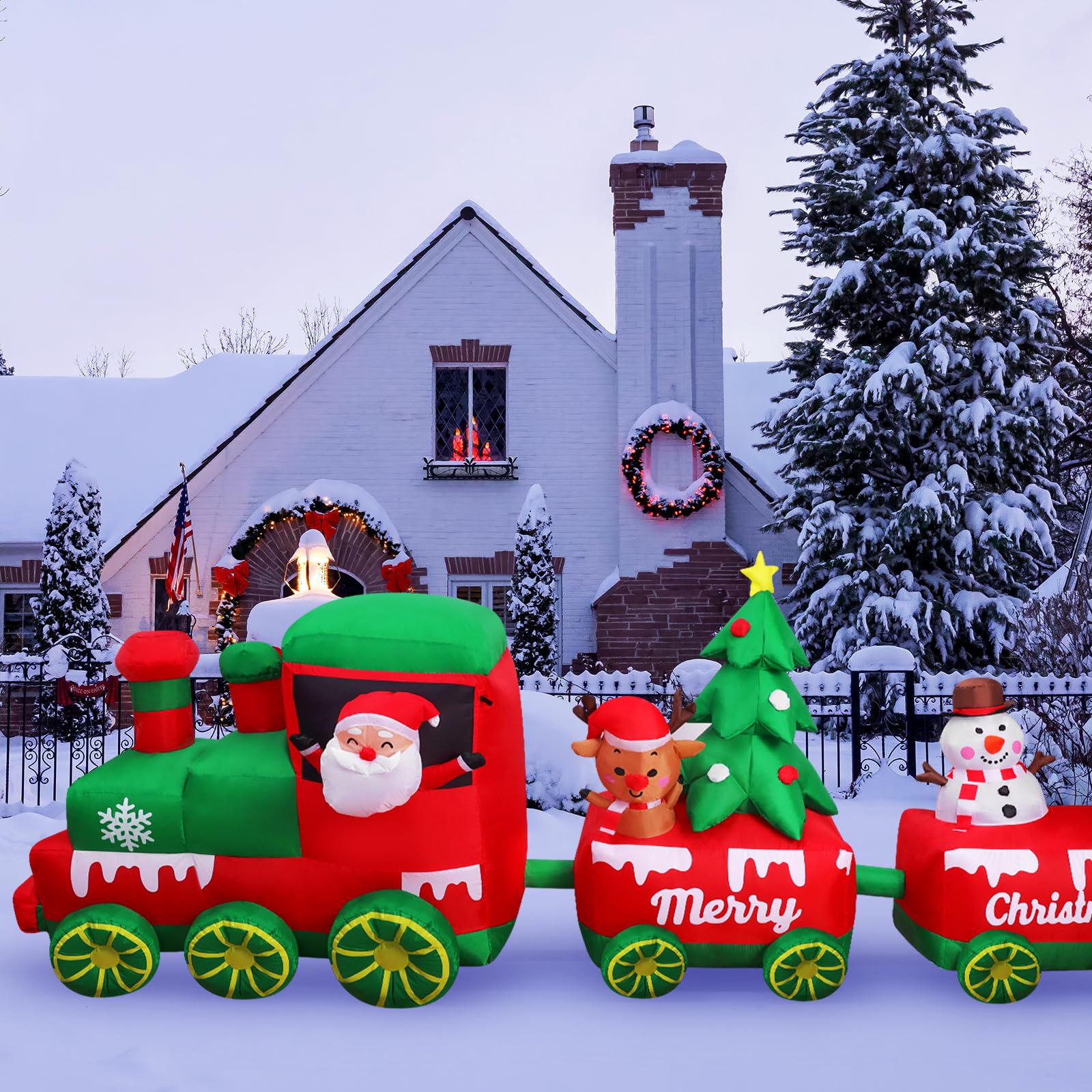 Close-up of MGparty Christmas inflatable train LED lights