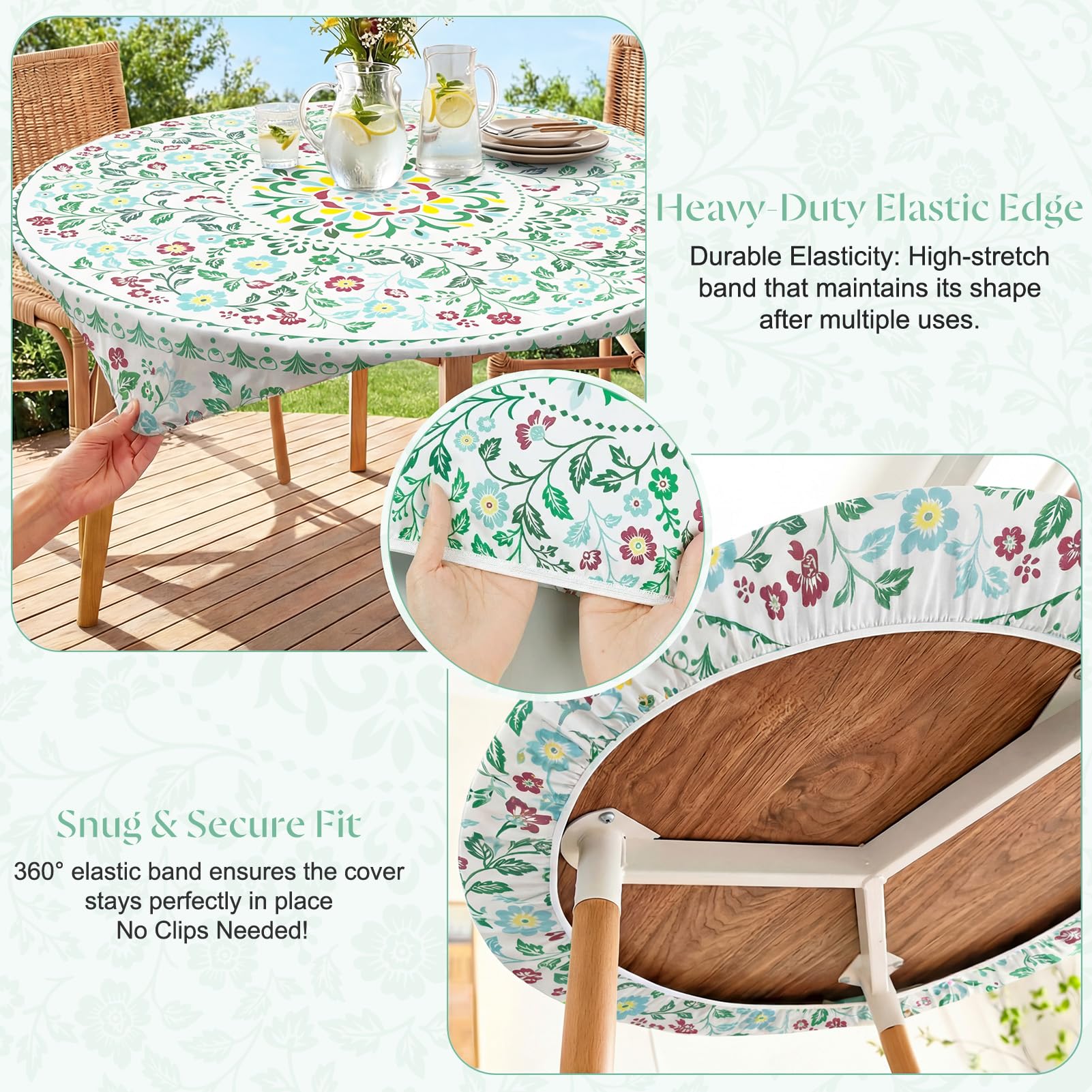 Close-up of MHJY round tablecloth showing elastic edge for secure fit