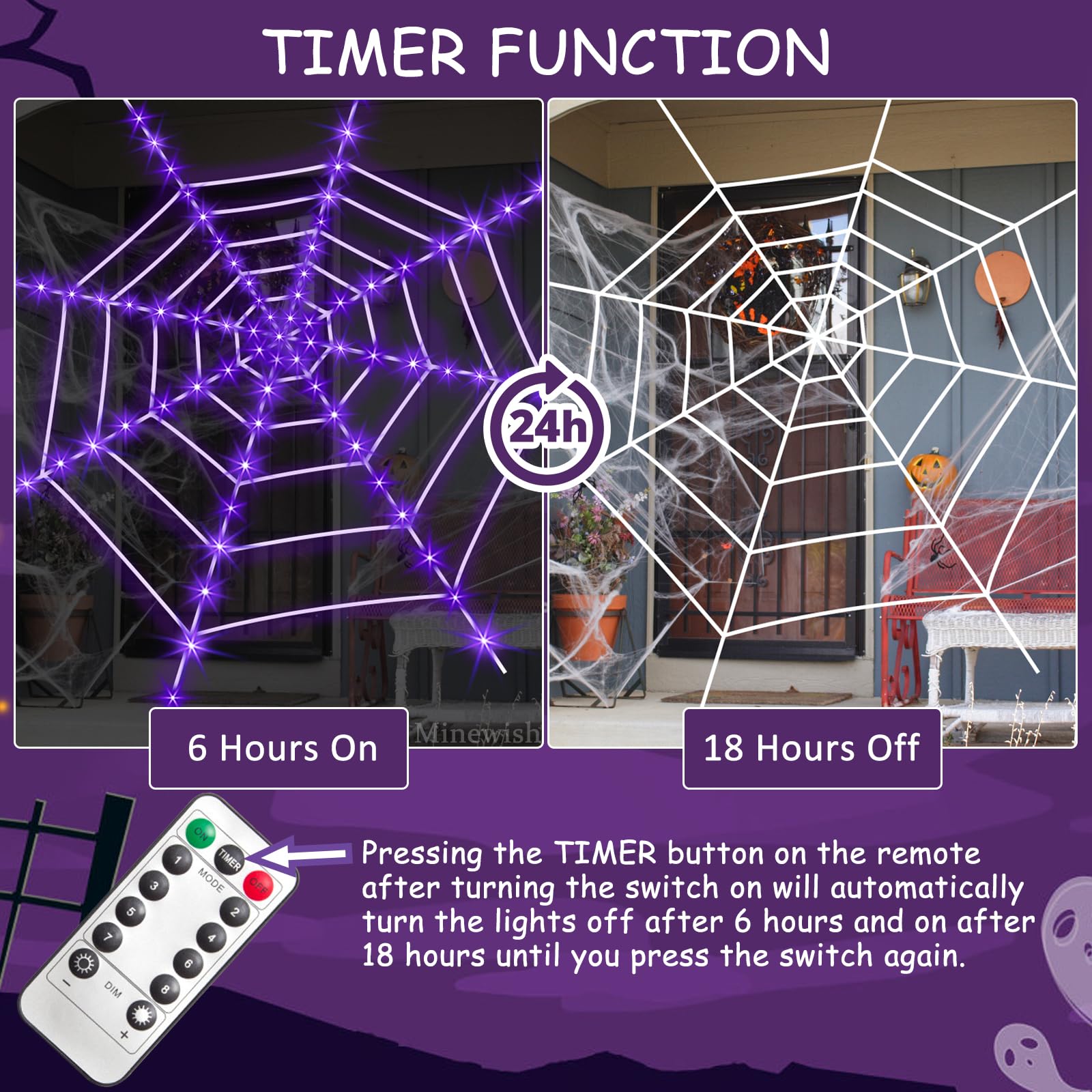 Close-up of Minewish purple LED lights on spider web