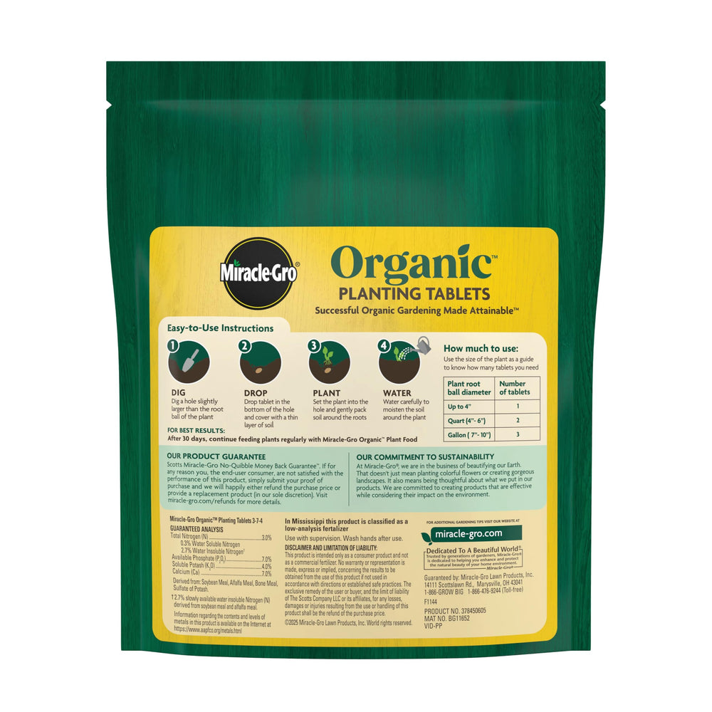 Close-up of Miracle-Gro Organic Planting Tablets showing the tablets