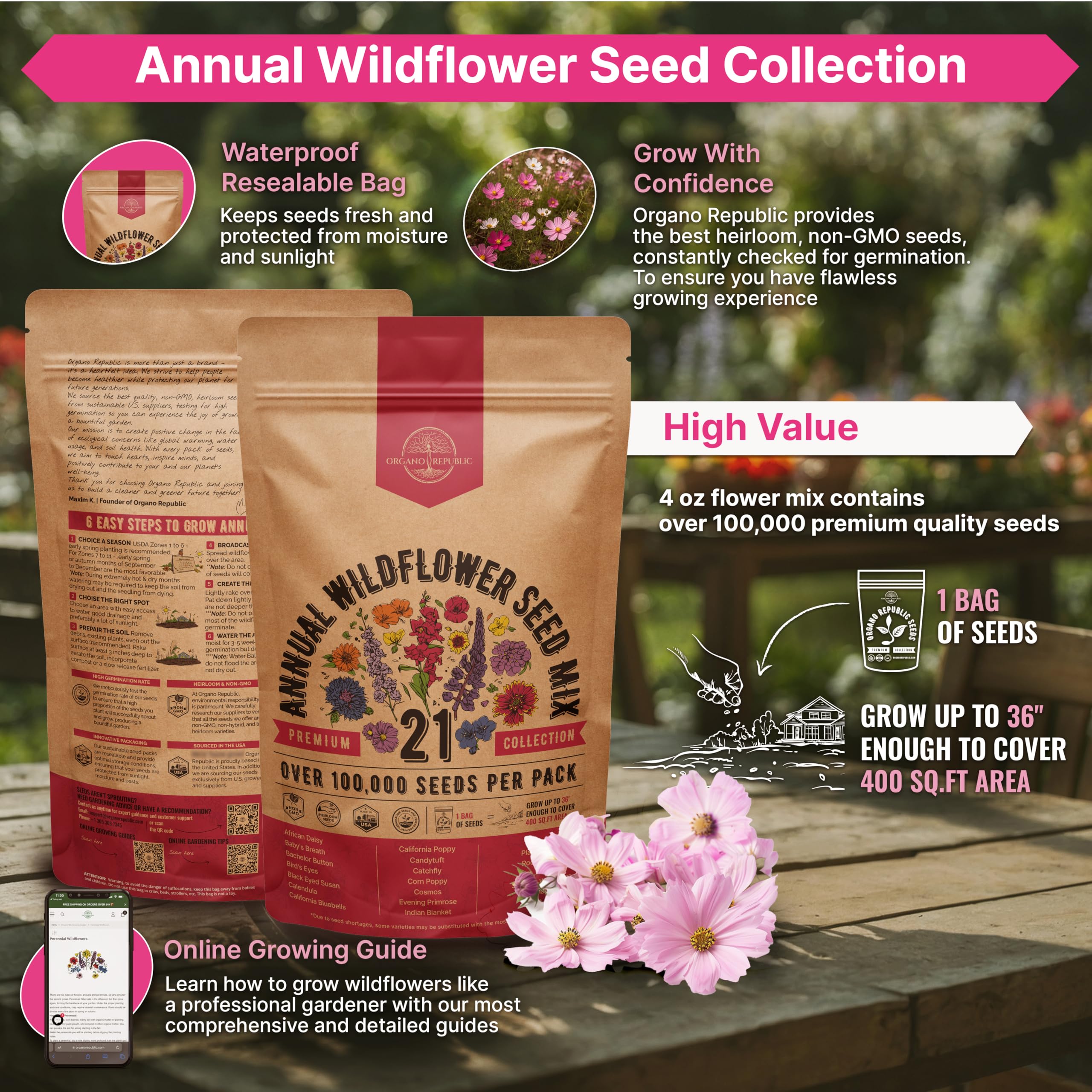 Close-up of mixed wildflower seeds in packet