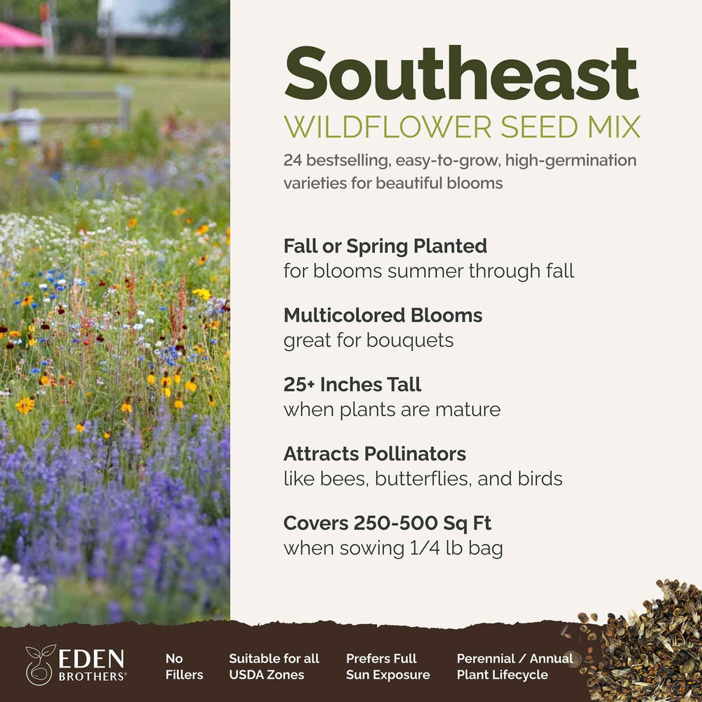 Close-up of mixed wildflower seeds package by Eden Brothers