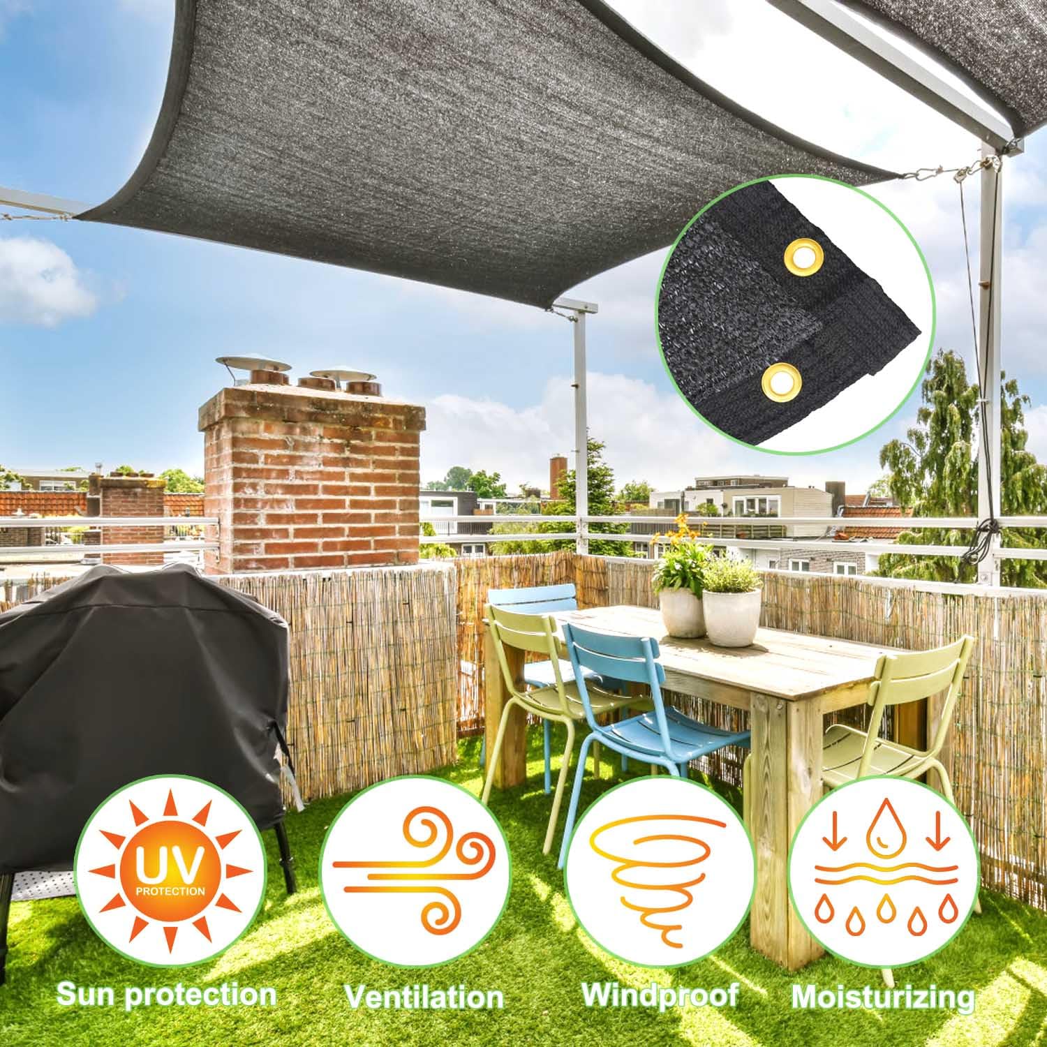 Close-up of Mklsit shade cloth corner with copper grommet