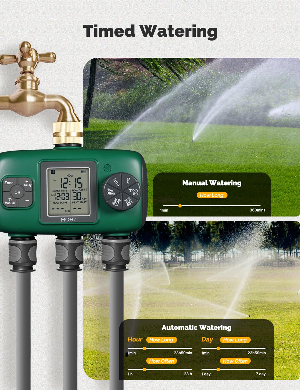 Close-up of MOES 3 Zone Sprinkler Timer's control panel