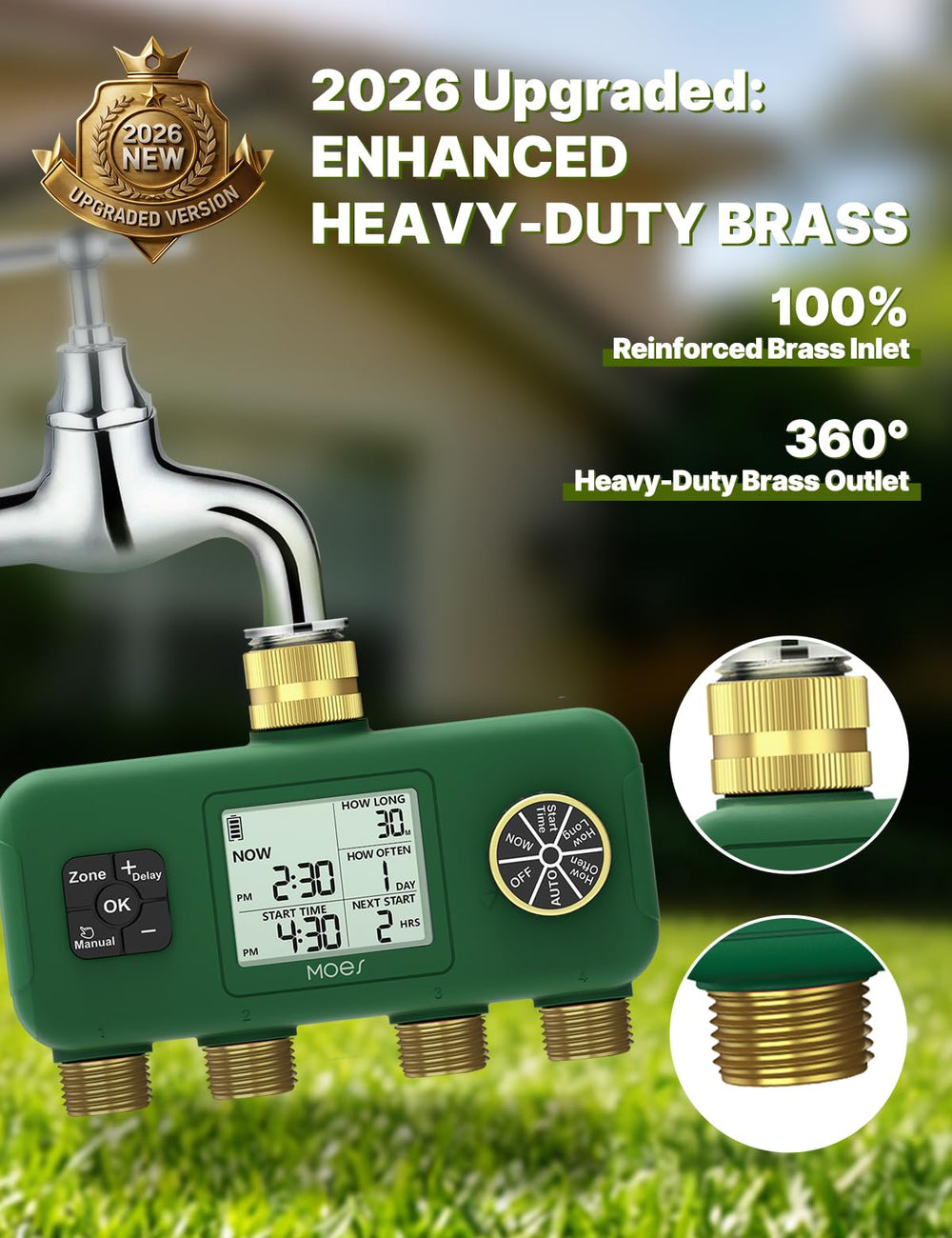 Close-up of MOES water timer brass fittings and adapter