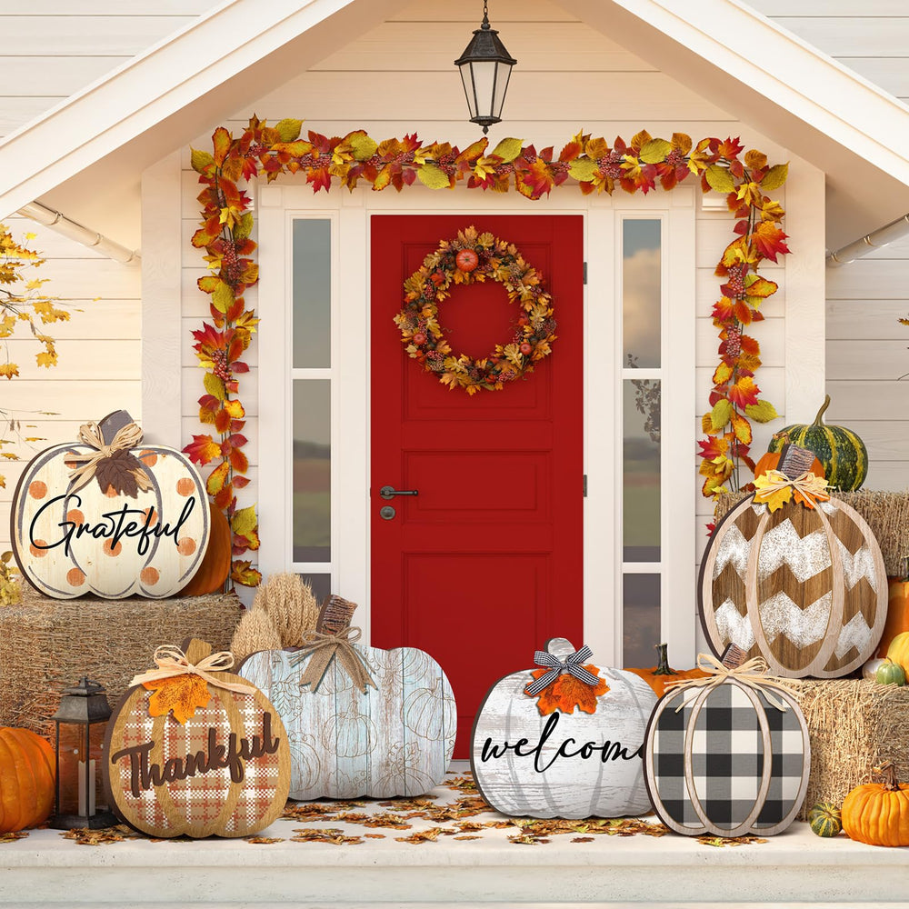 Close-up of Moucuny pumpkin sign with vibrant autumn colors