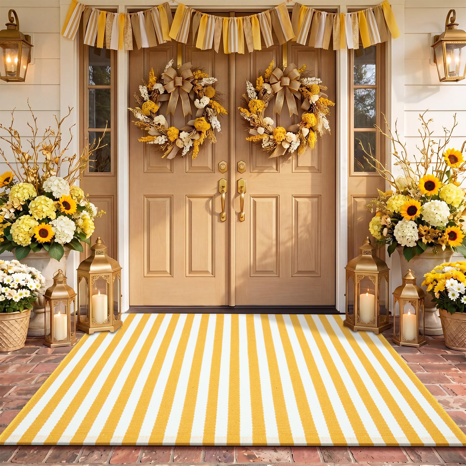 Close-up of Moucuny yellow and white striped outdoor rug texture