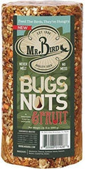 Close-up of Mr. Bird cylinder showing ingredients including mealworms and pecans