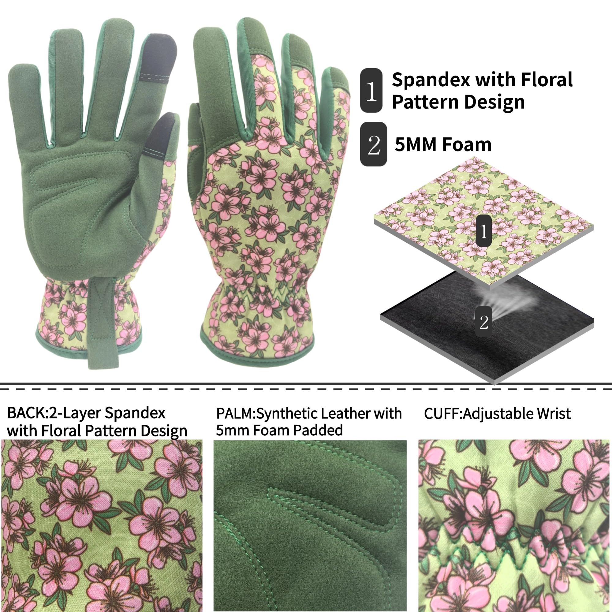 Close-up of MSUPSAV gardening gloves showing synthetic leather palm