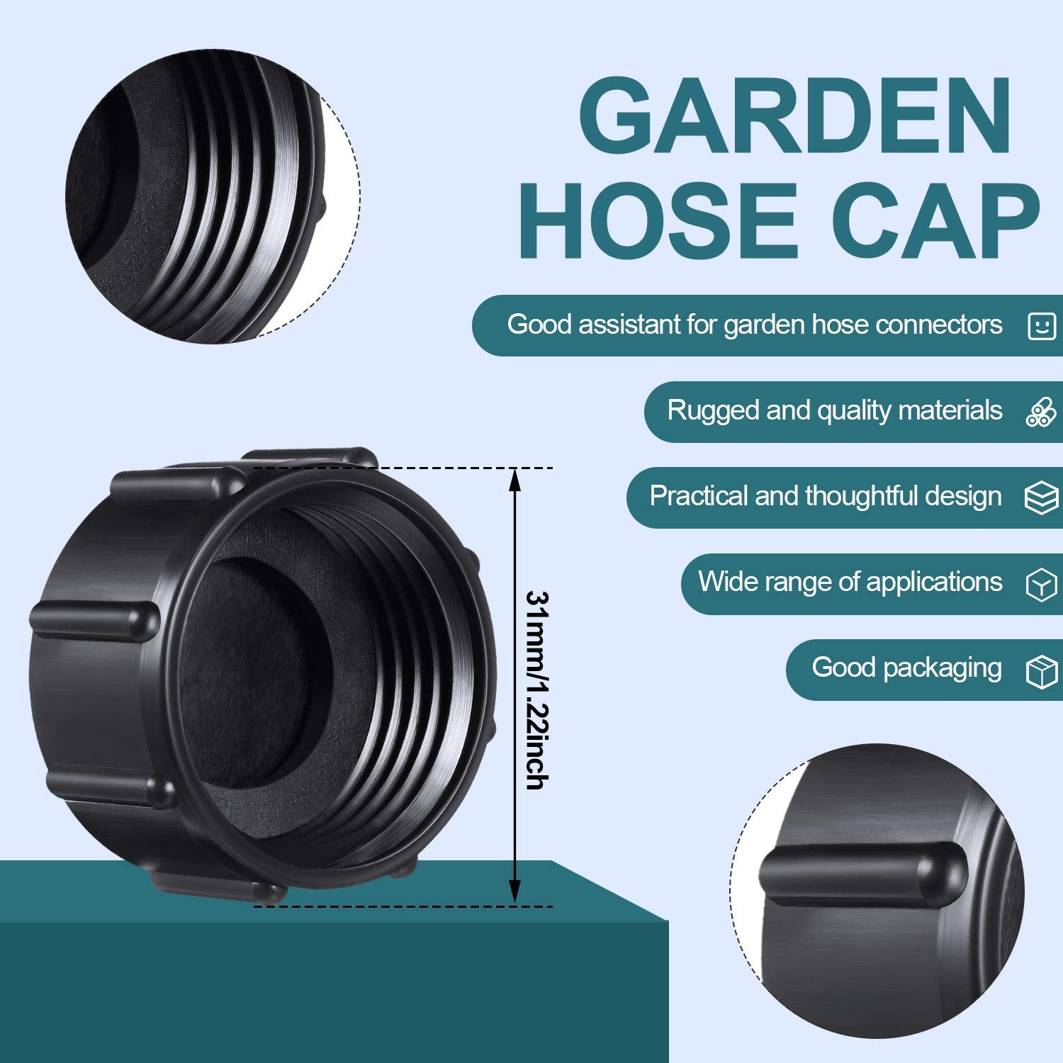 Close-up of Mudder garden hose cap with rubber gasket
