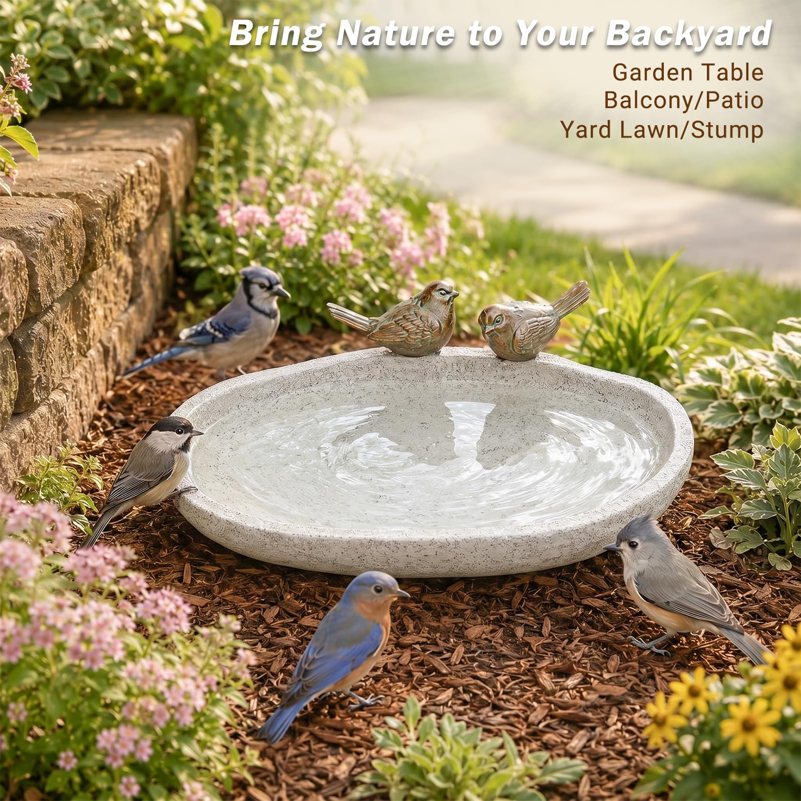 Close-up of MUMTOP Bird Bath showing cute bird decorations
