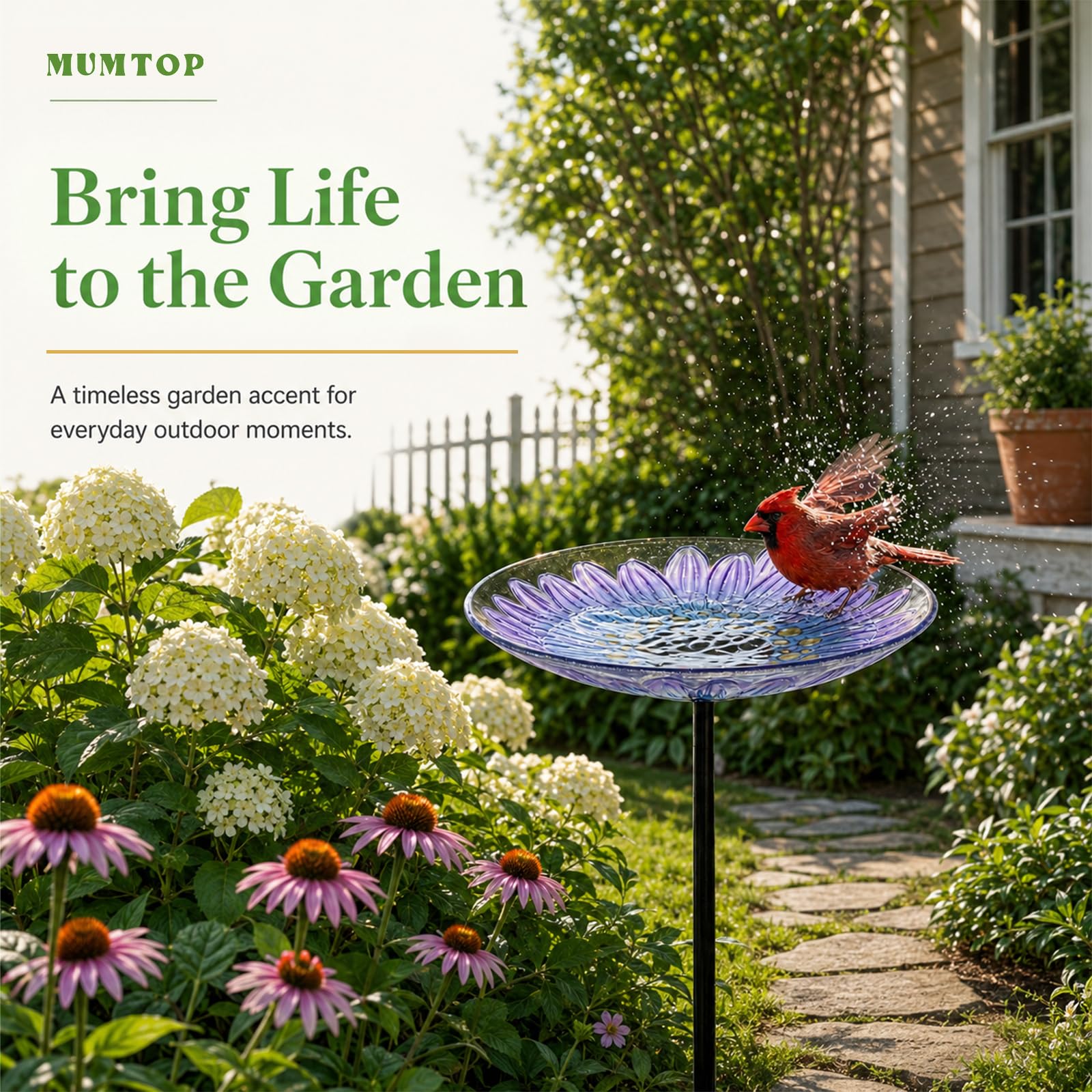 Close-up of MUMTOP Glass Bird Bath with purple daisy design