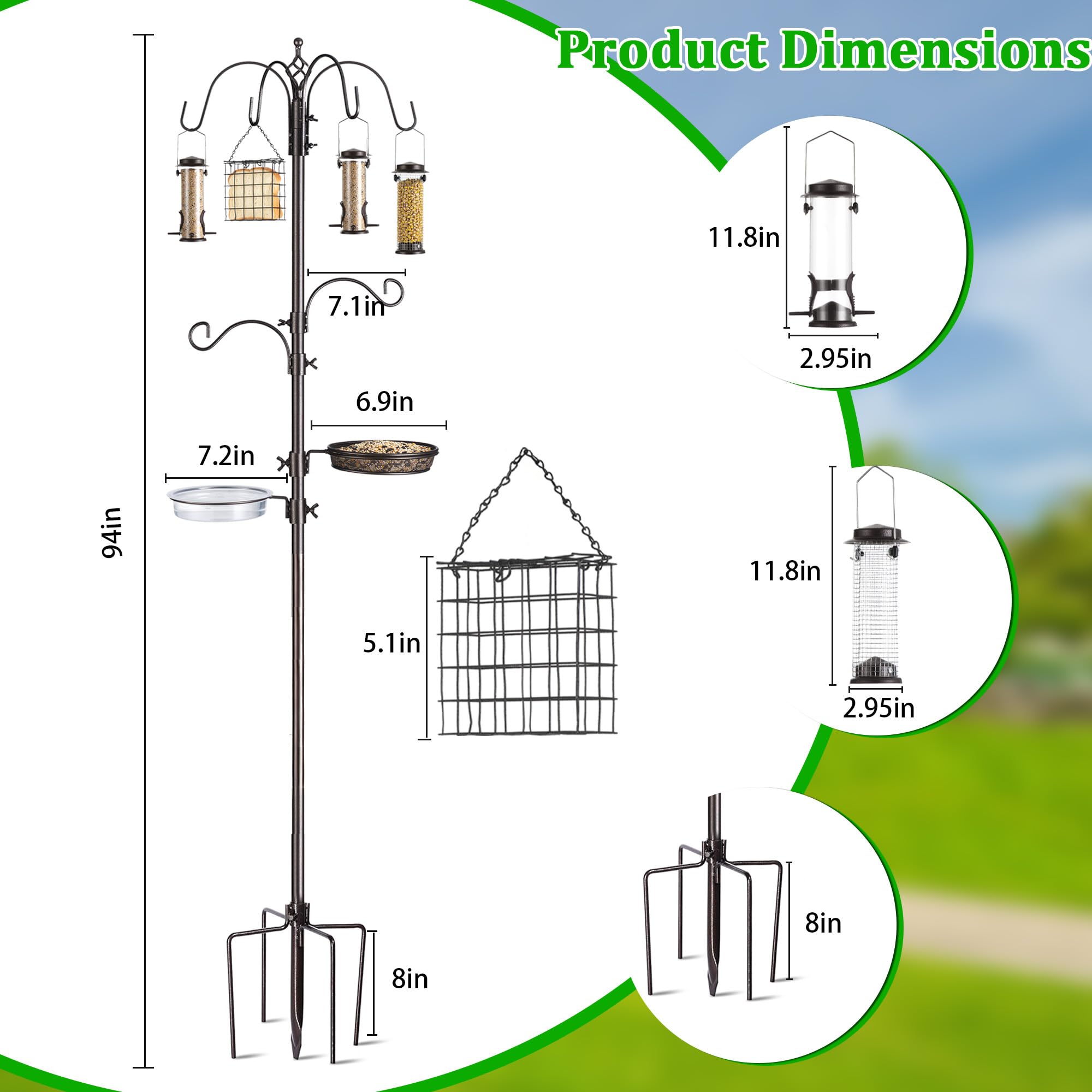 Close-up of NestShld bird feeder pole showing adjustable hooks