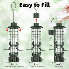 Close-up of Niser bird feeder showing metal mesh design