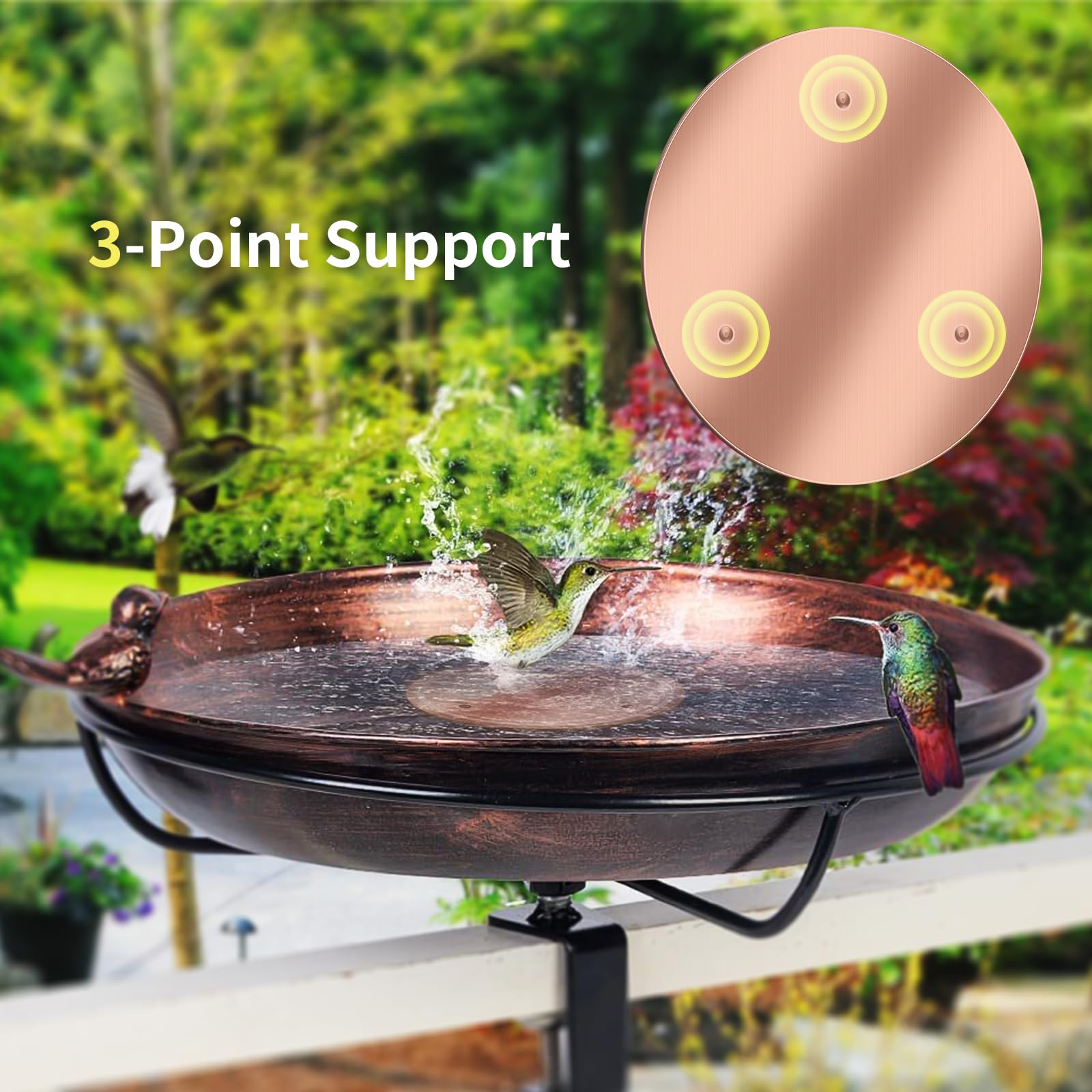 Close-up of NOKOXIN Bird Bath Copper Disk showing triple support design