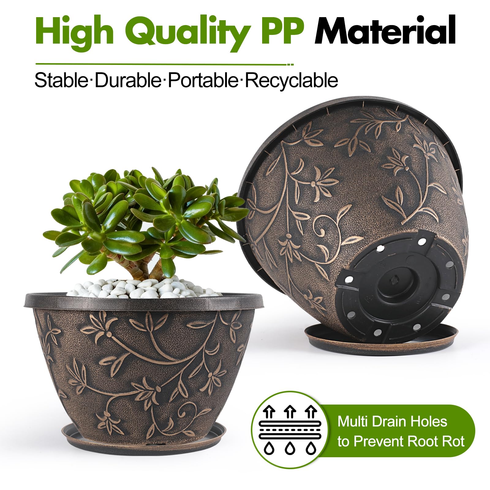 Close-up of Nooulap 8 Inch Planter's embossed magnolia pattern