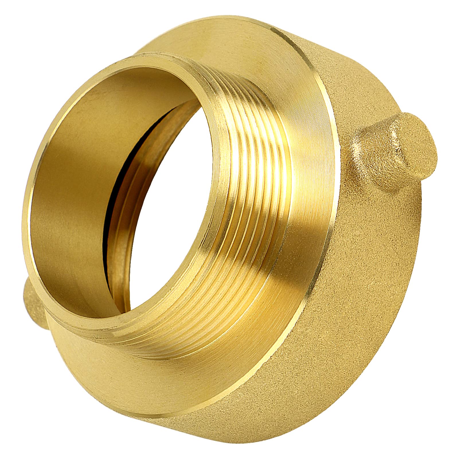 Close-up of NOVINO Fire Hydrant Hose Adapter showing brass material and gold finish