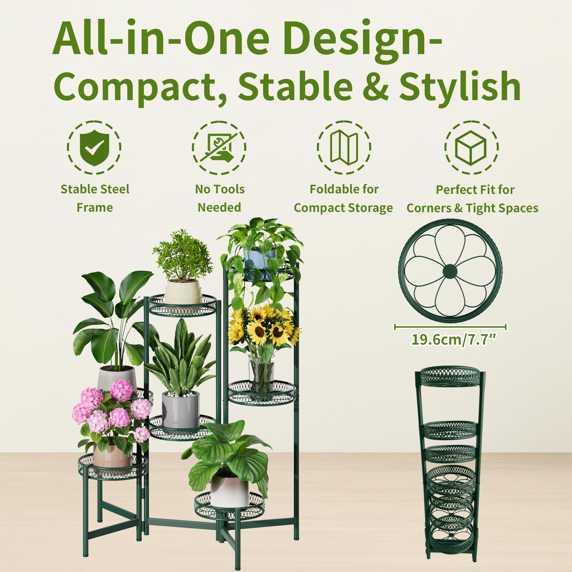 Close-up of NQW 7 Tier Metal Corner Plant Stand trays
