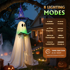 Close-up of Nsoyos Halloween ghost's spellbook with Halloween-themed text