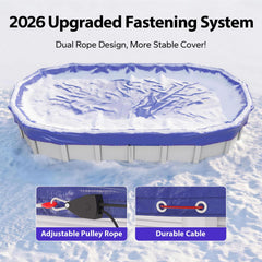 Close-up of nylon rope and steel cable on pool cover