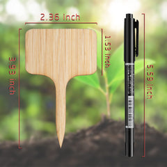Close-up of OBTANIM bamboo plant labels in a garden setting